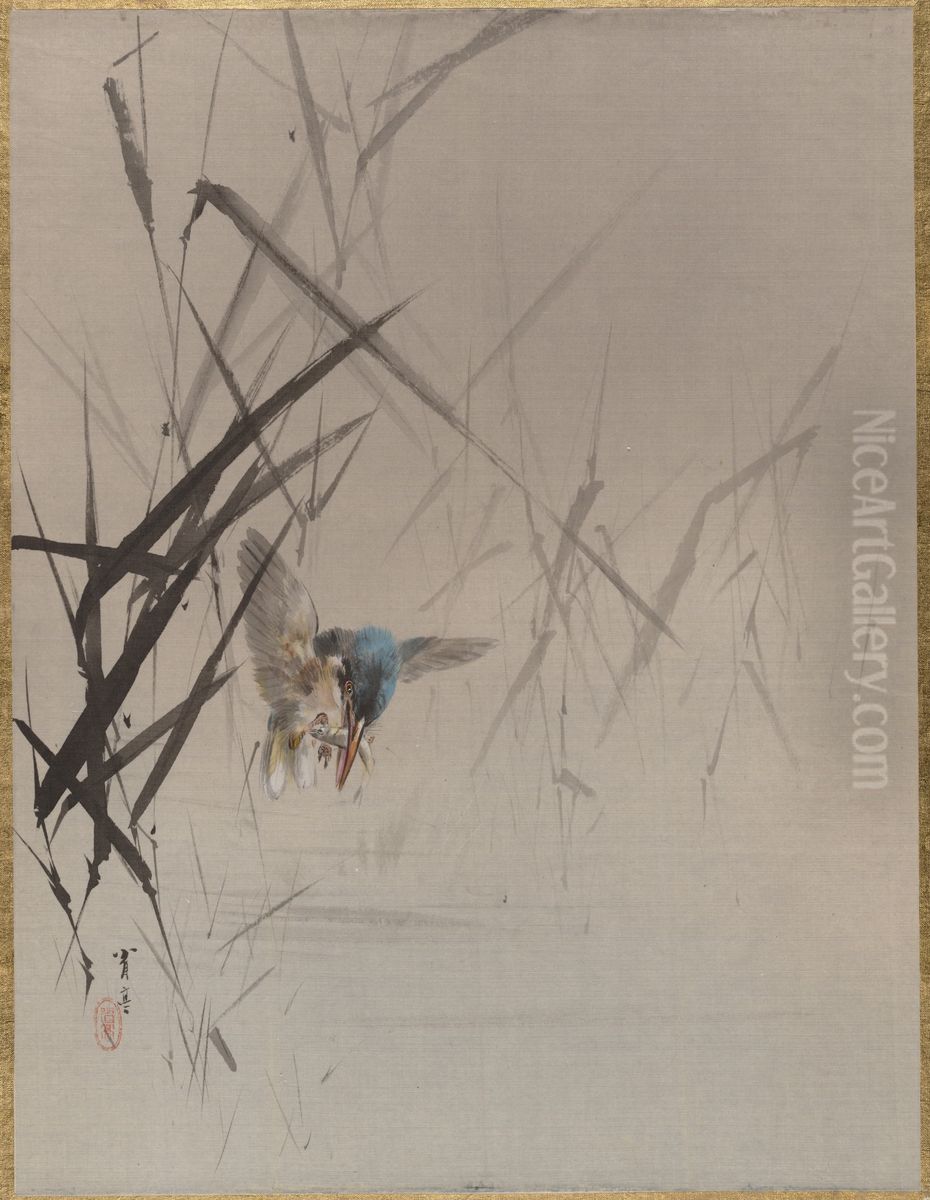 Bird Catching Fish Among Reeds Oil Painting by Watanabe Shotei
