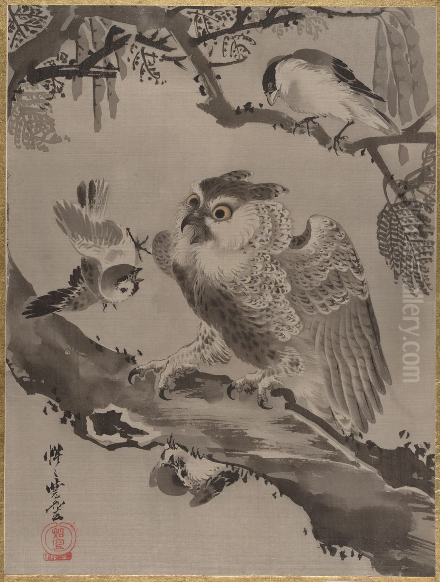 Owl Mocked by Small Birds Oil Painting by Kawanabe Kyosai