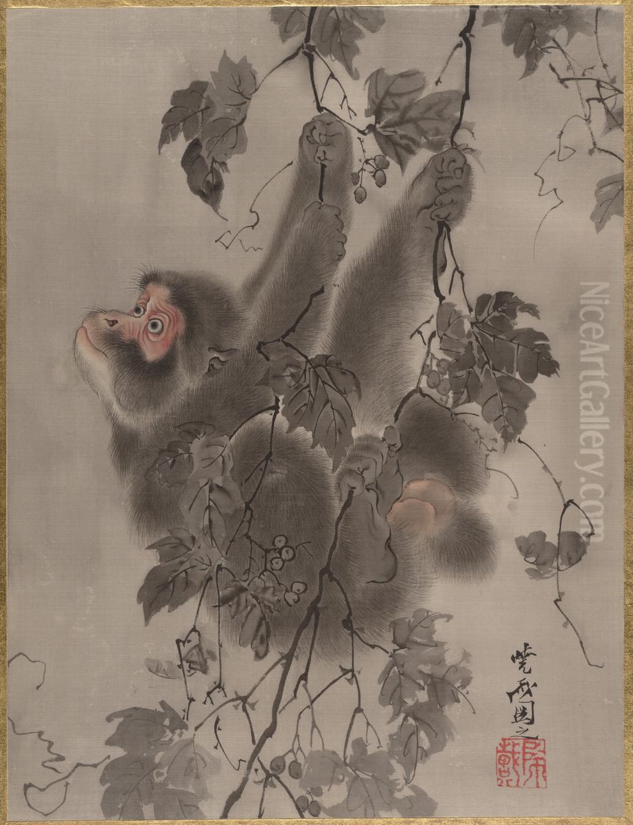 Monkey Hanging from Grapevines Oil Painting by Kawanabe Kyosai