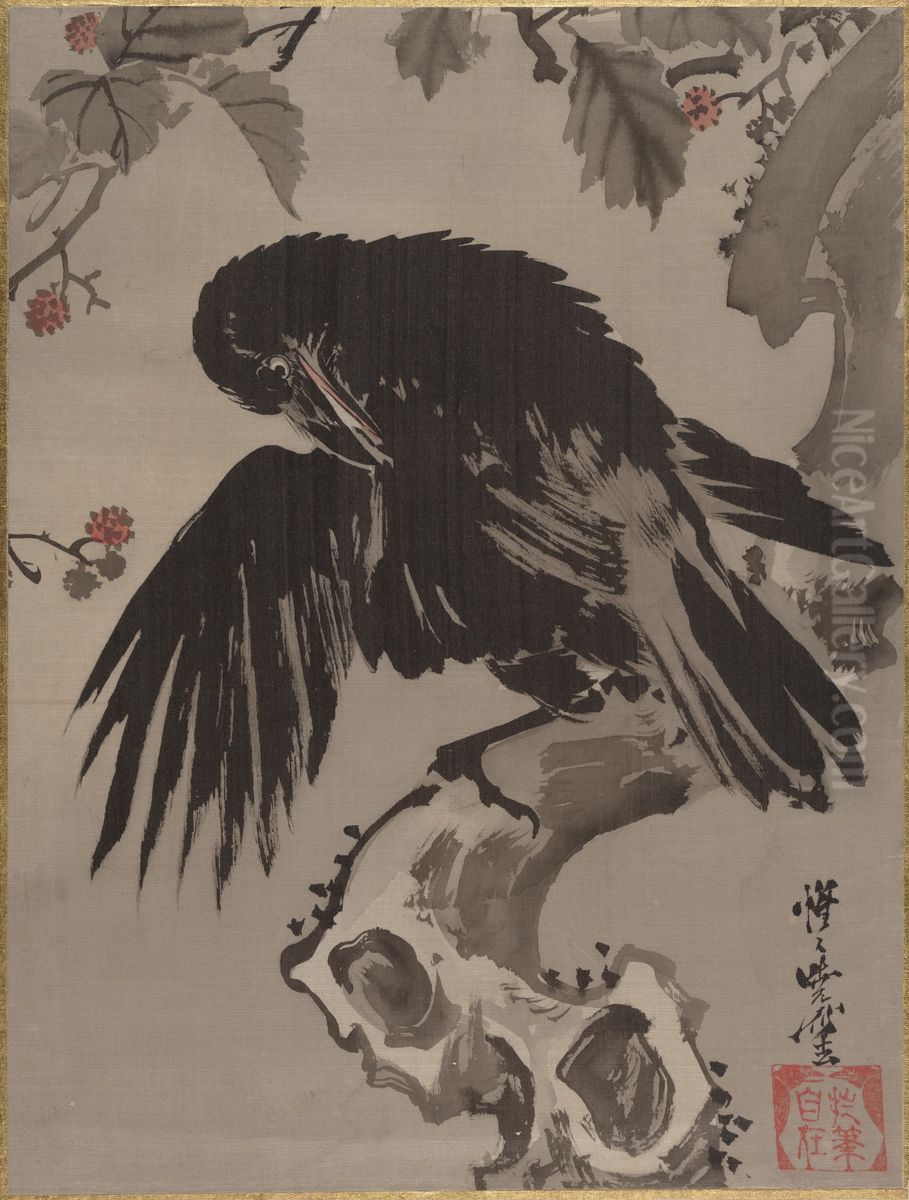 Crow on a Branch Oil Painting by Kawanabe Kyosai