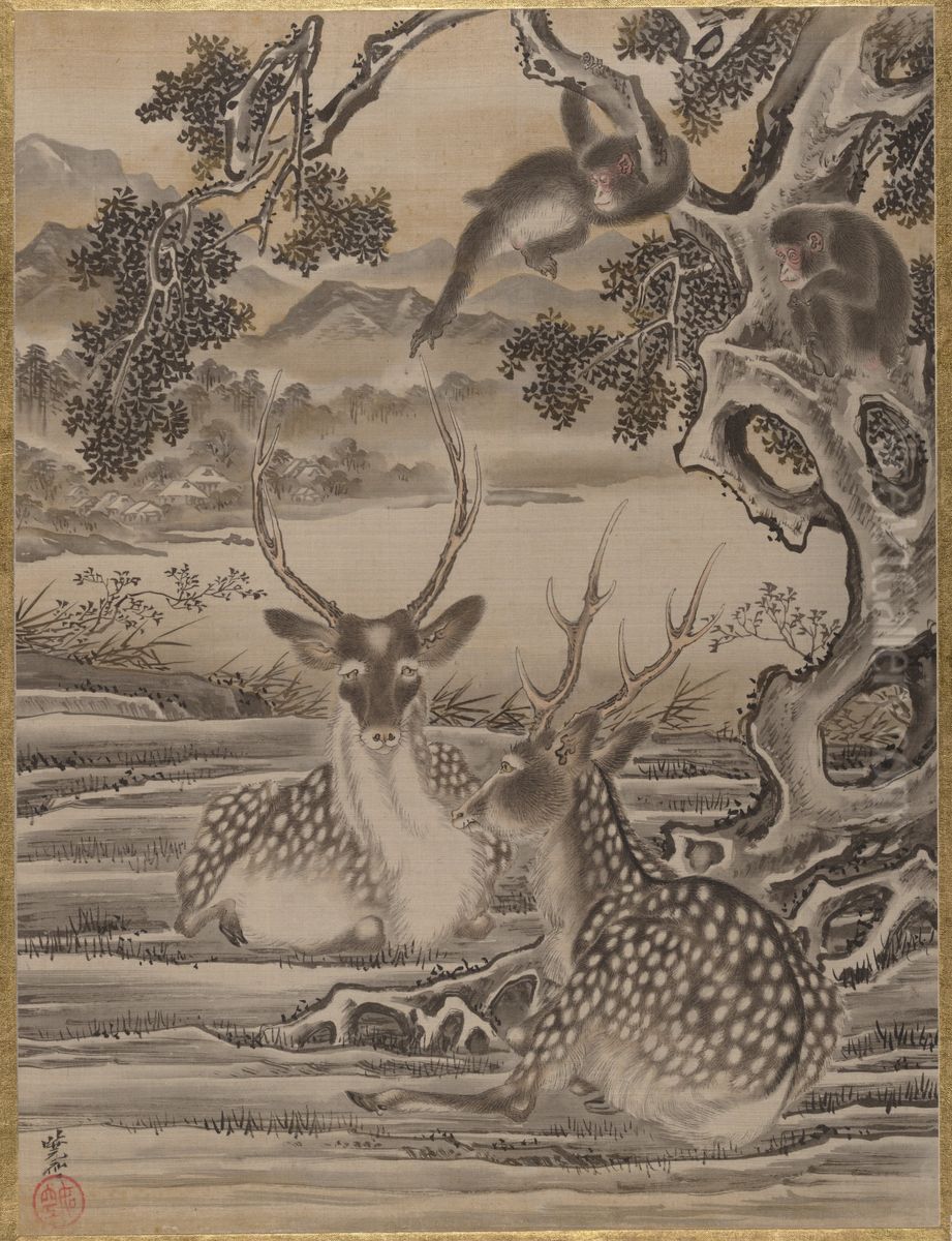 Deer and Monkeys Oil Painting by Kawanabe Kyosai