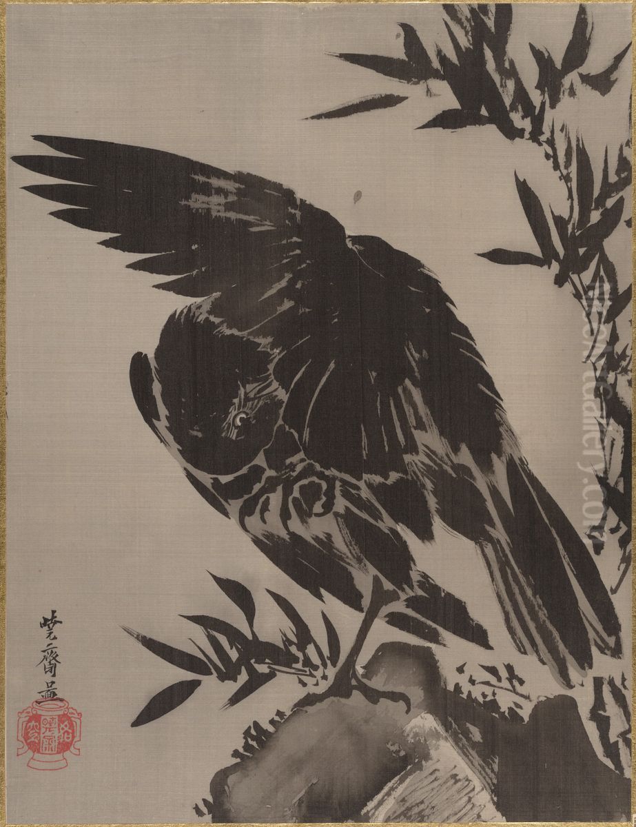 Crow on a Rock Oil Painting by Kawanabe Kyosai