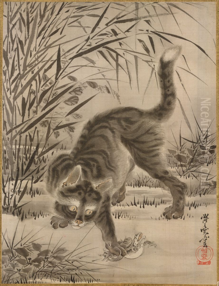 Cat Catching a Frog Oil Painting by Kawanabe Kyosai
