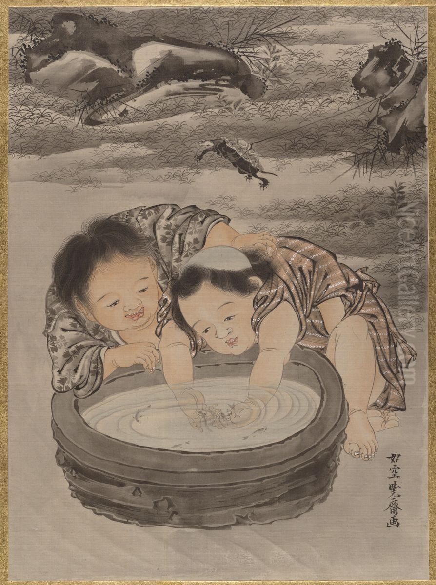 Two Children Playing with Goldfish Oil Painting by Kawanabe Kyosai