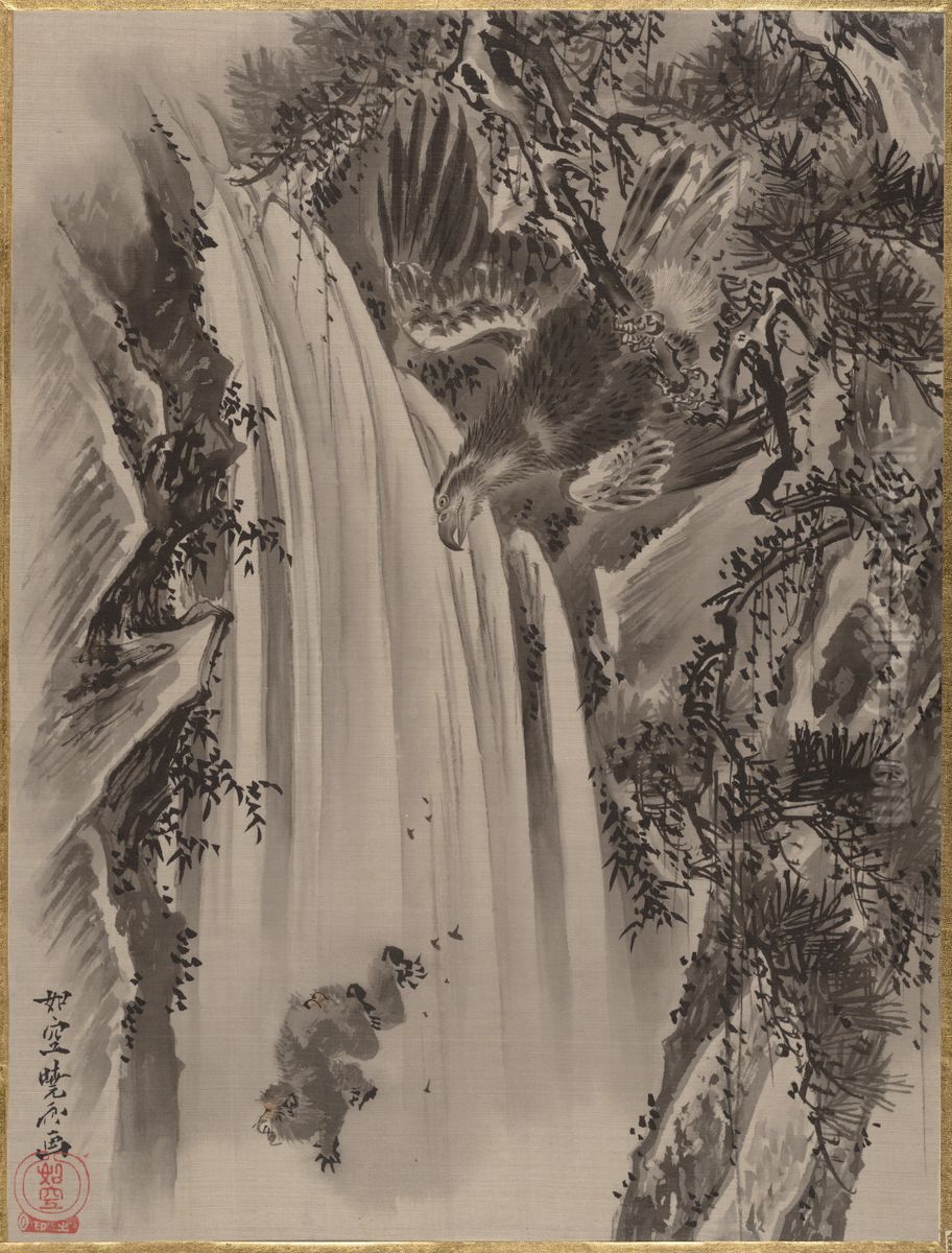 Waterfall, Eagle and Monkey Oil Painting by Kawanabe Kyosai