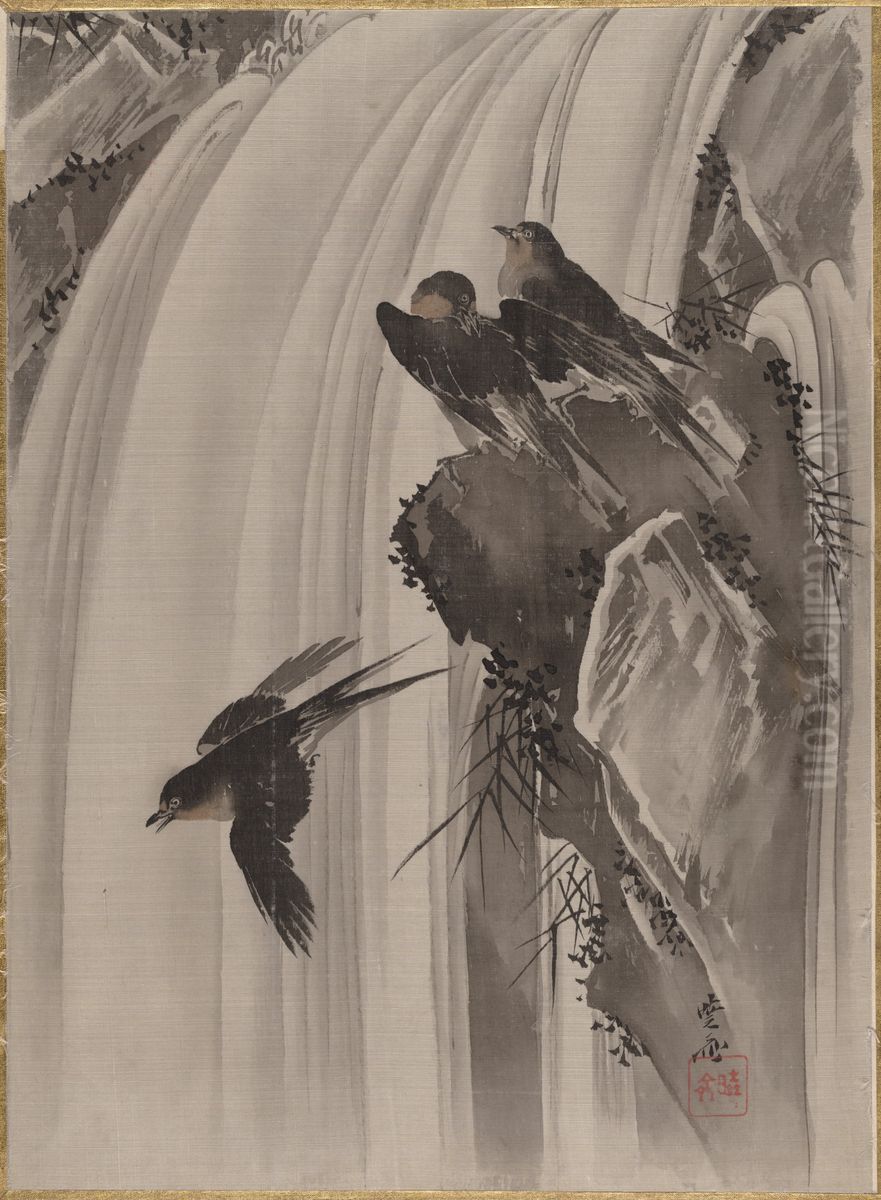 Swallows by a Waterfall Oil Painting by Kawanabe Kyosai