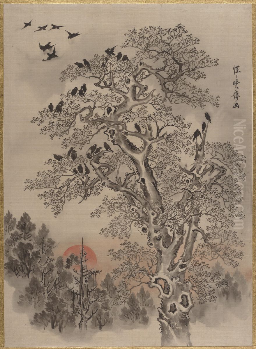 Flock of Crows at Dawn Oil Painting by Kawanabe Kyosai