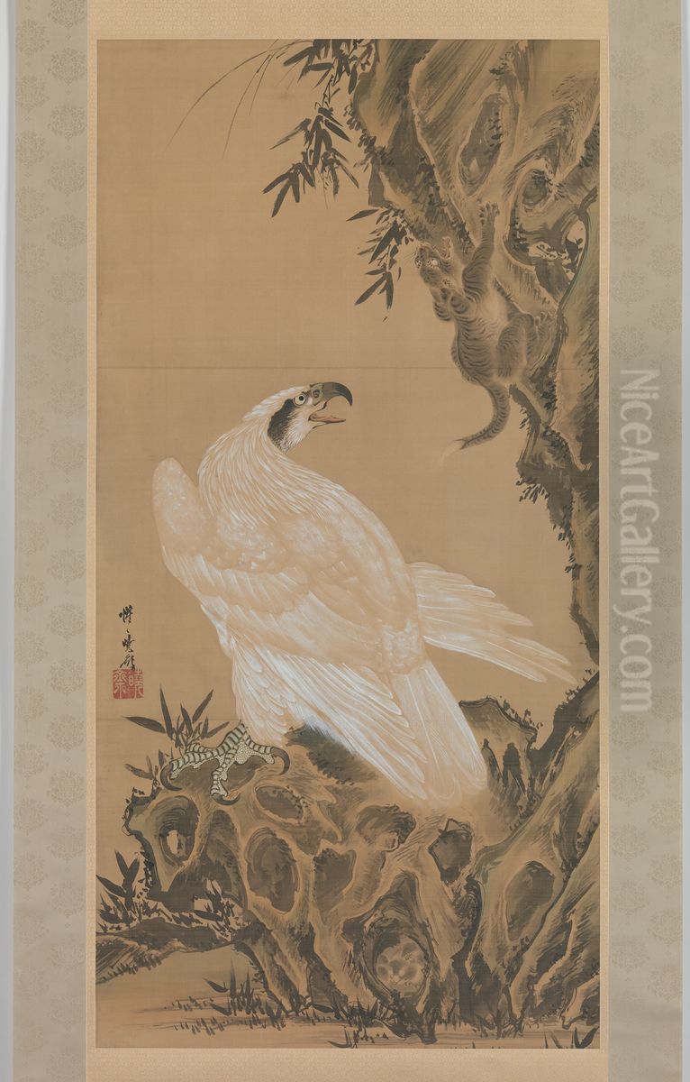 White Eagle Eyeing a Mountain Lion Oil Painting by Kawanabe Kyosai