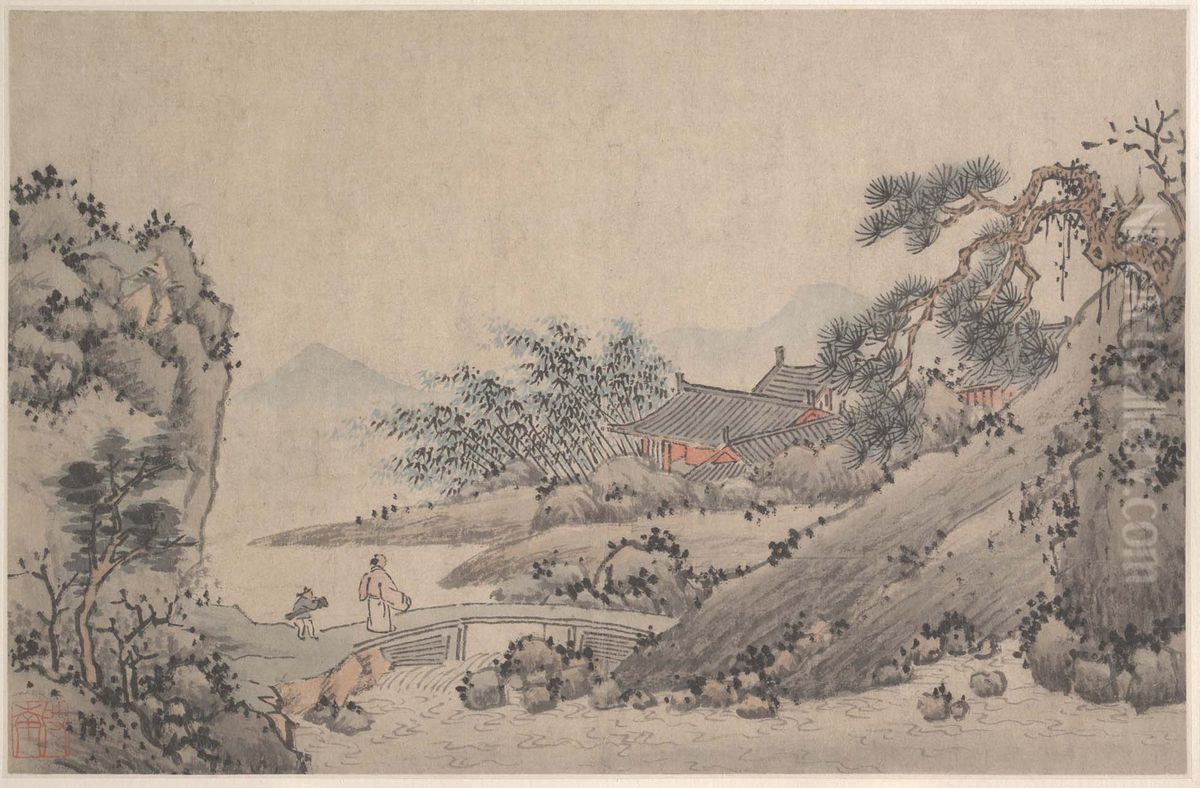 Landscape with Man Crossing Bridge Oil Painting by Shen Zhou