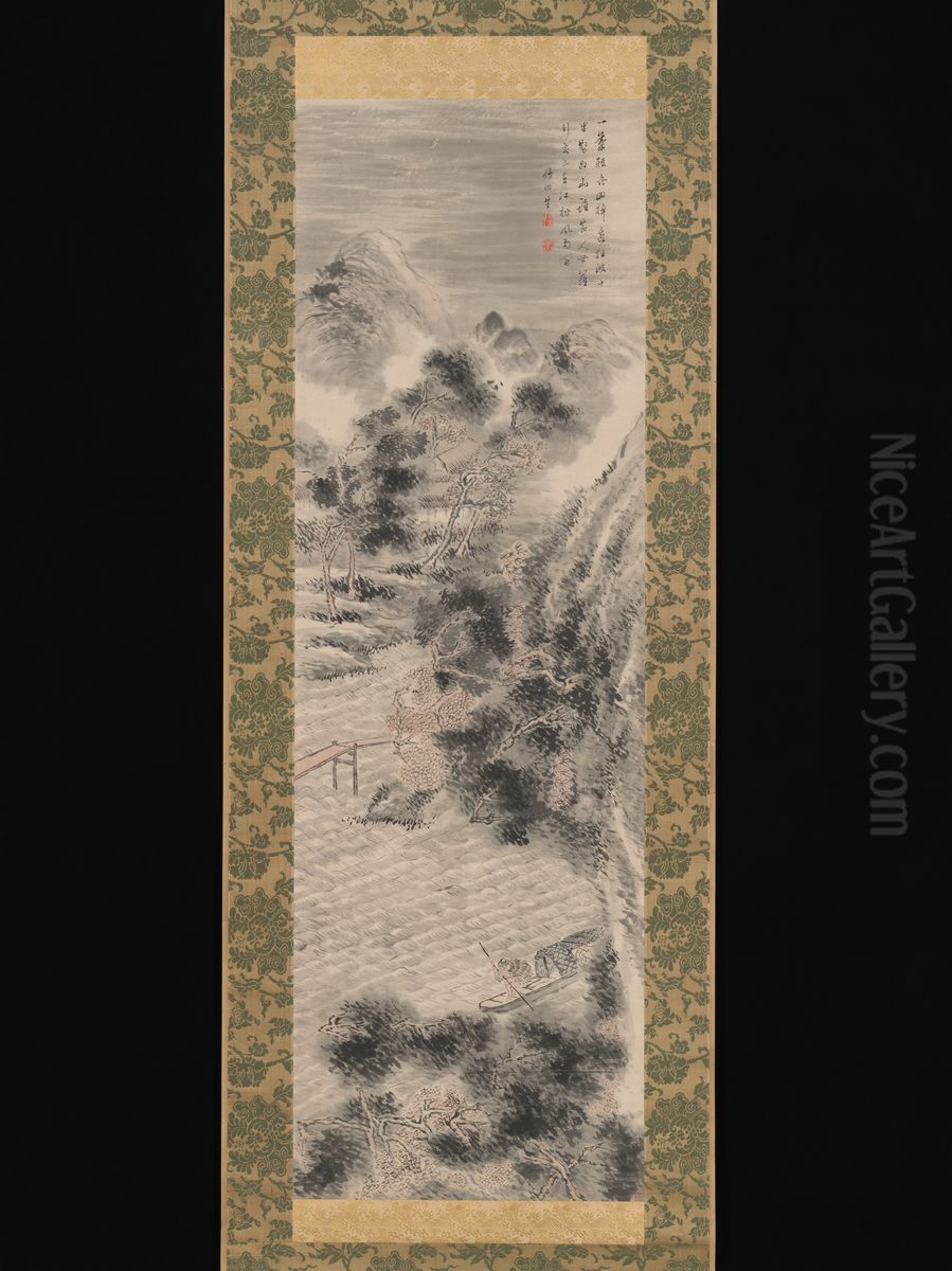 Rainstorm over a River Village Oil Painting by Tanomura Chikuden