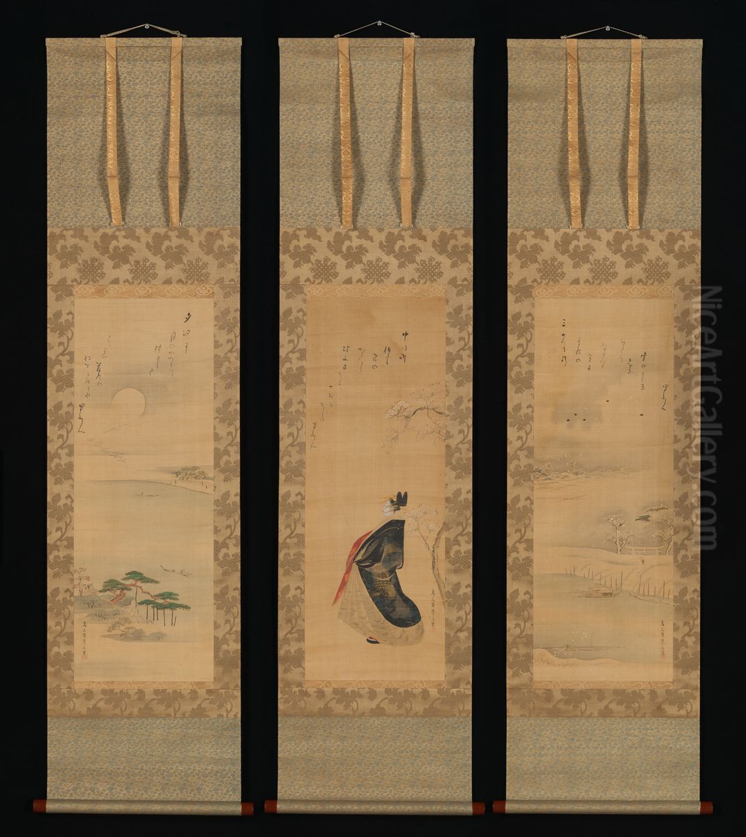 Snow, Moon, and Cherry Blossoms (Yoshiwara in Three Seasons) Oil Painting by Chobunsai Eishi