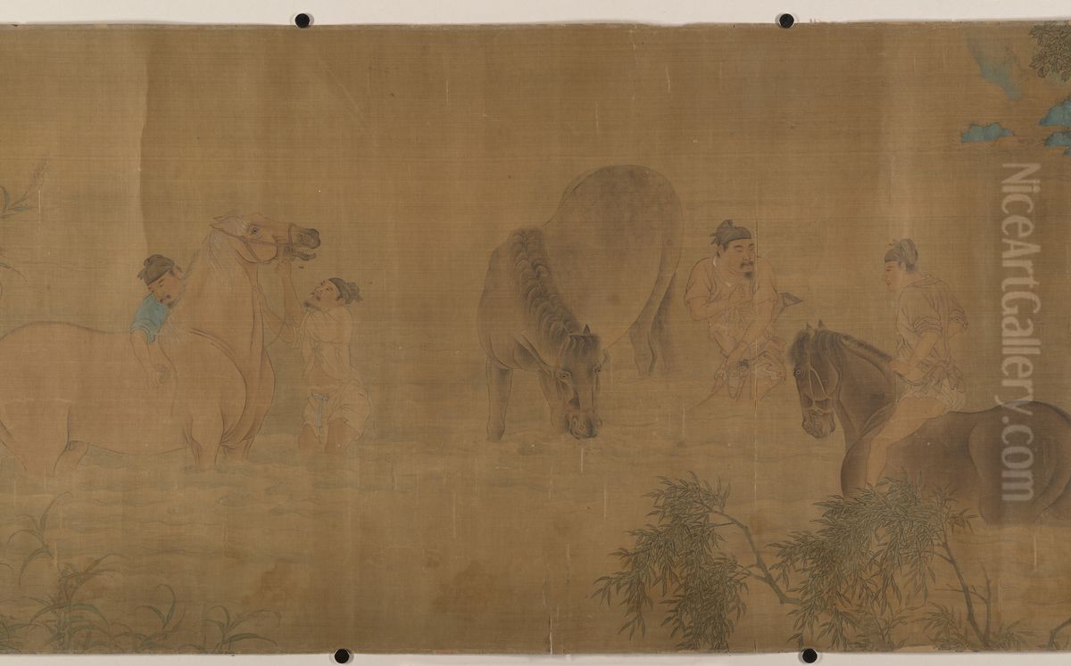 Washing Horses in a River Oil Painting by Zhao Mengfu