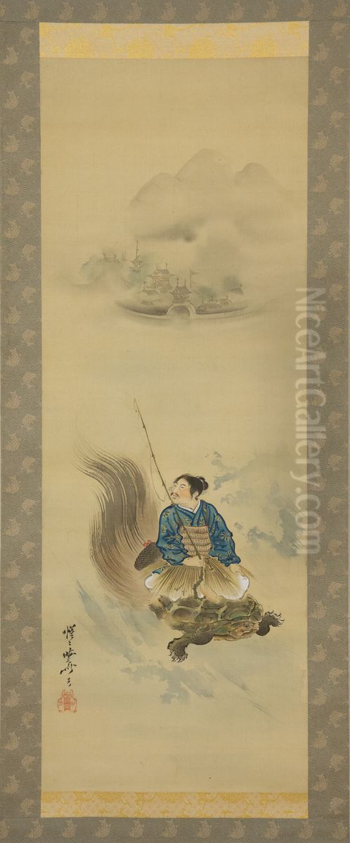 Urashima Taro Riding on a Tortoise Oil Painting by Kawanabe Kyosai