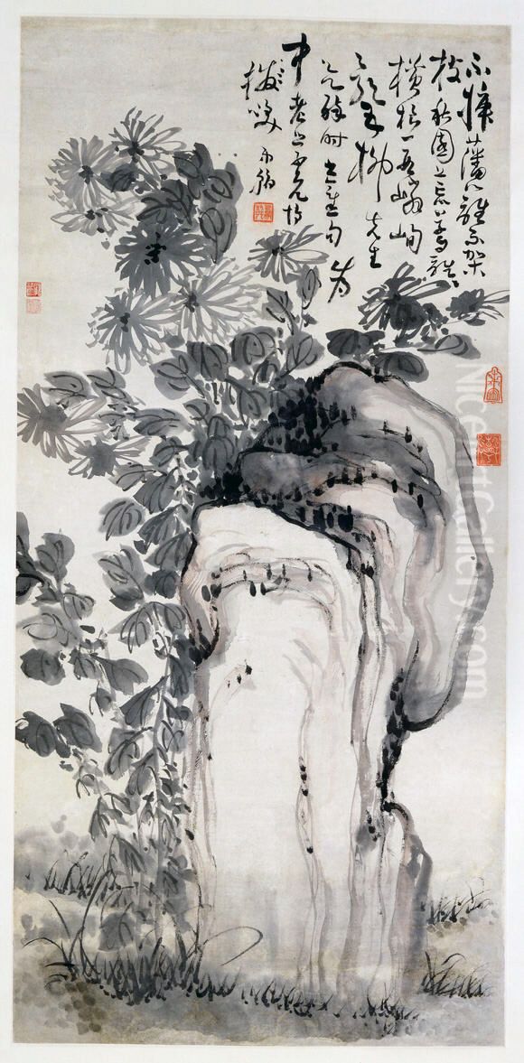 Chrysanthemums by a Rock Oil Painting by Gao Fenghan