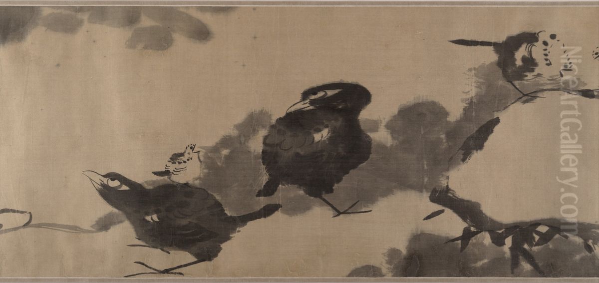 Birds in a lotus pond Oil Painting by Bada Shanren