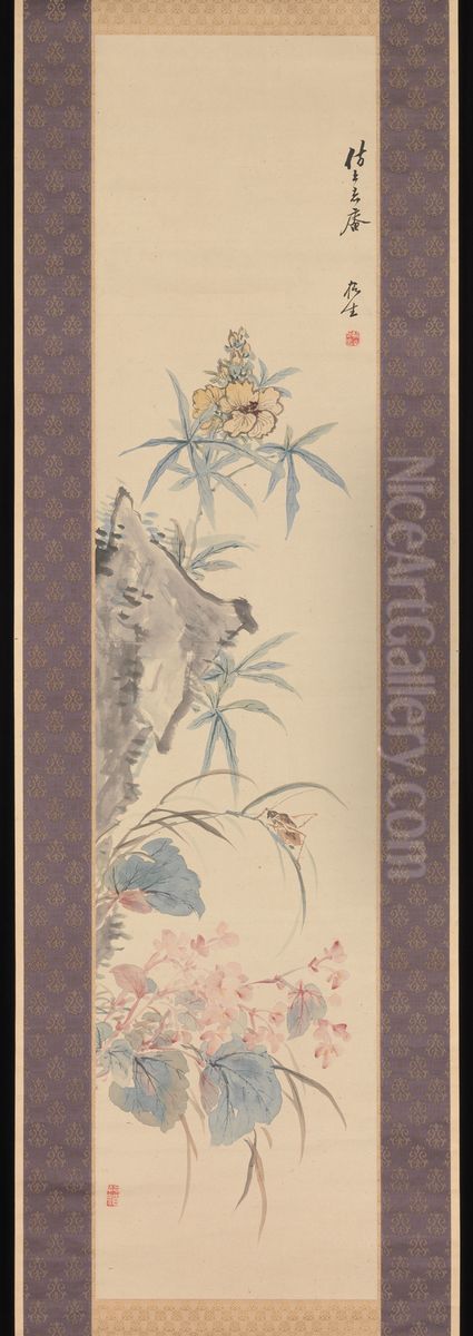 Rock and Autumn Flowers Oil Painting by Tsubaki Chinzan