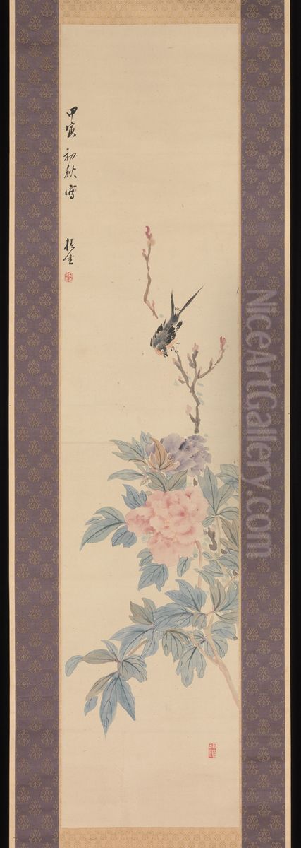 Peony and Swallow Oil Painting by Tsubaki Chinzan