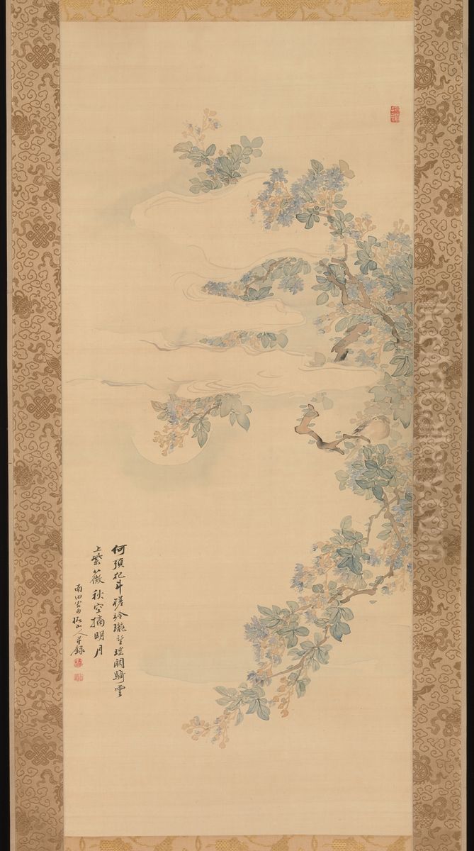 Small Bird on a Crepe Myrtle Branch Oil Painting by Tsubaki Chinzan