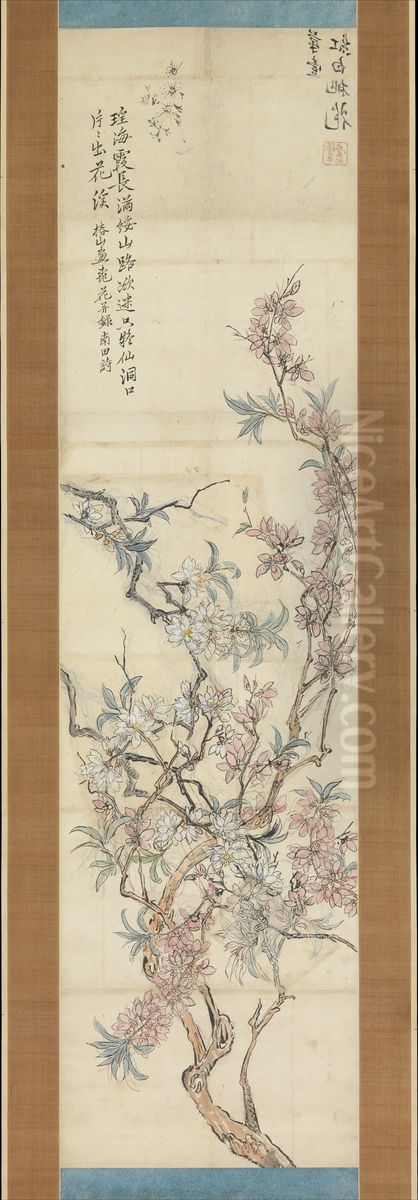 Red and White Peach Blossoms, Preparatory Sketch Oil Painting by Tsubaki Chinzan
