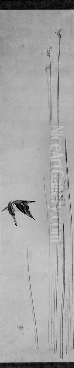 King Fisher and Bulrushes Oil Painting by Katsushika Hokusai