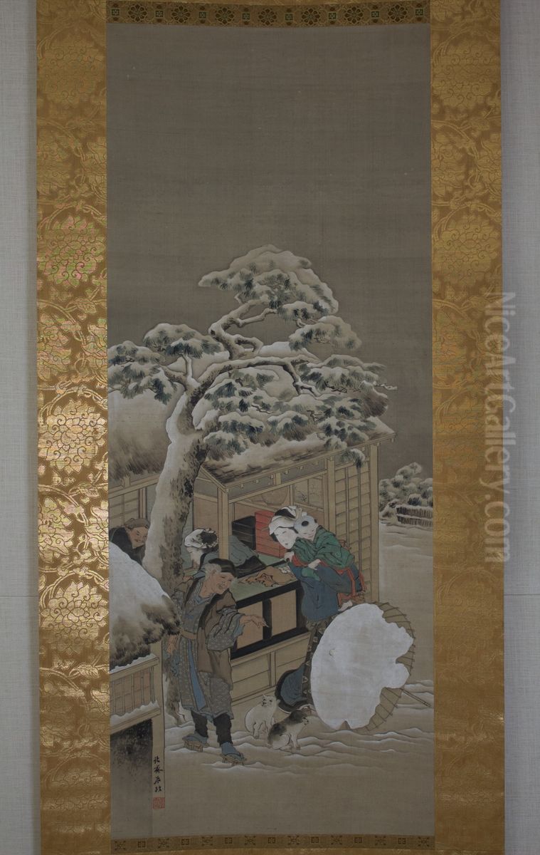 In Front of a Shop Oil Painting by Katsushika Hokusai