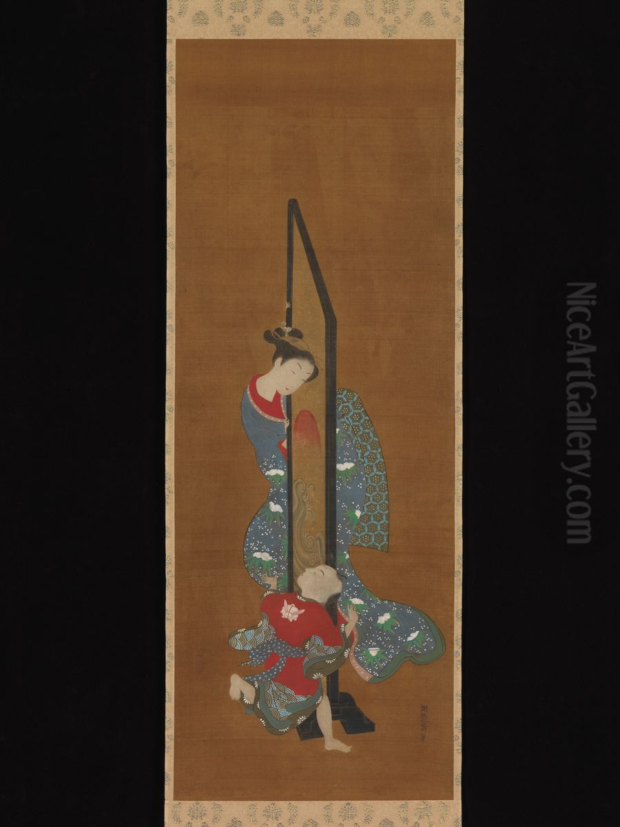 Mother and Child at Play Oil Painting by Isoda Koryusai