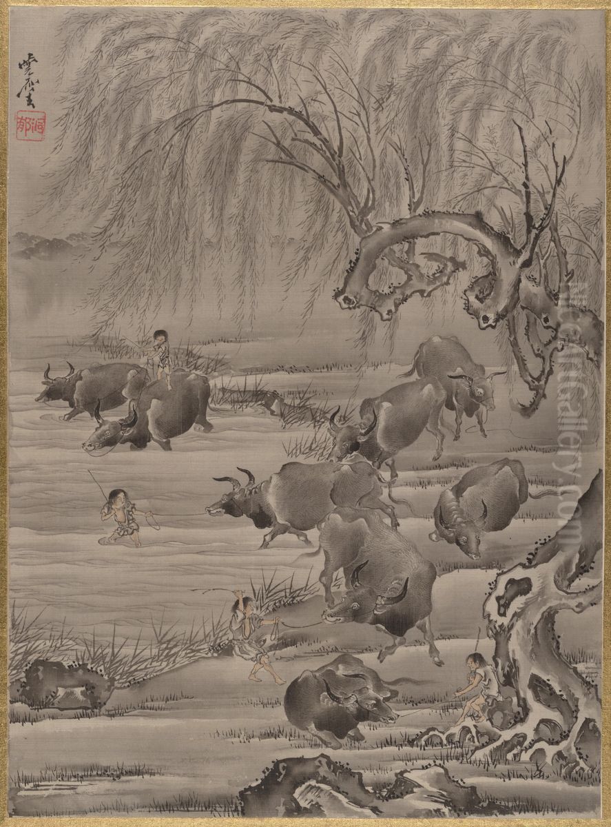 Buffalo and Herdsman Oil Painting by Kawanabe Kyosai