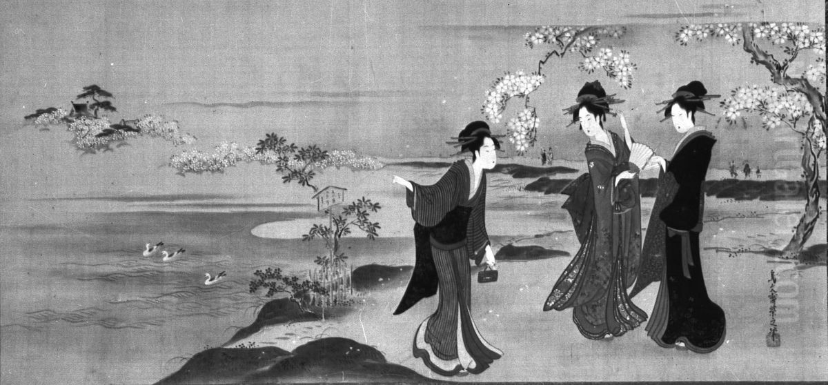 Three Beauties Viewing Cherry Blossoms Oil Painting by Chobunsai Eishi