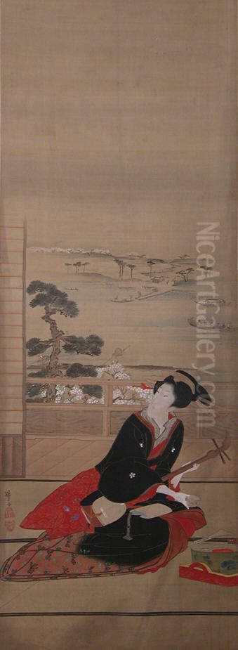 Female Entertainer with Shamisen Oil Painting by Hokuba