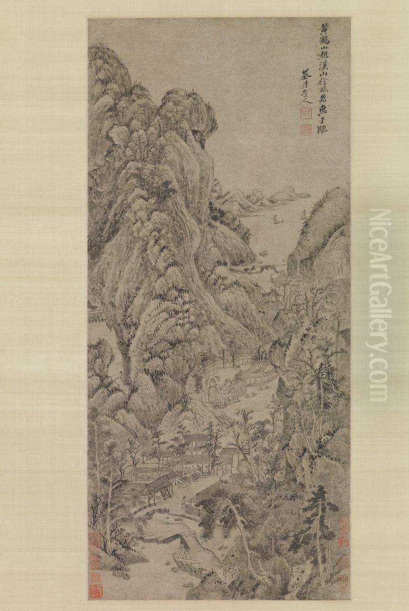 Travelers among Streams and Mountains Oil Painting by Wu Li
