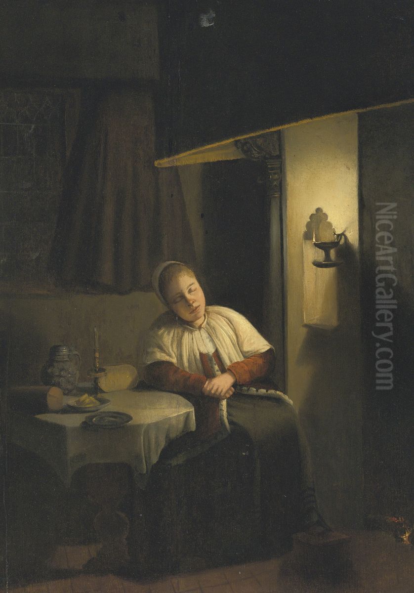 Woman dozing near a hearth Oil Painting by unknown