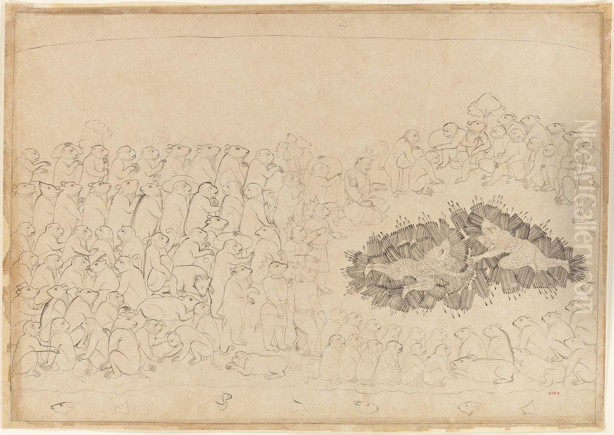 Folio from a Ramayana 'Siege of Lanka' Series Oil Painting by Manaku
