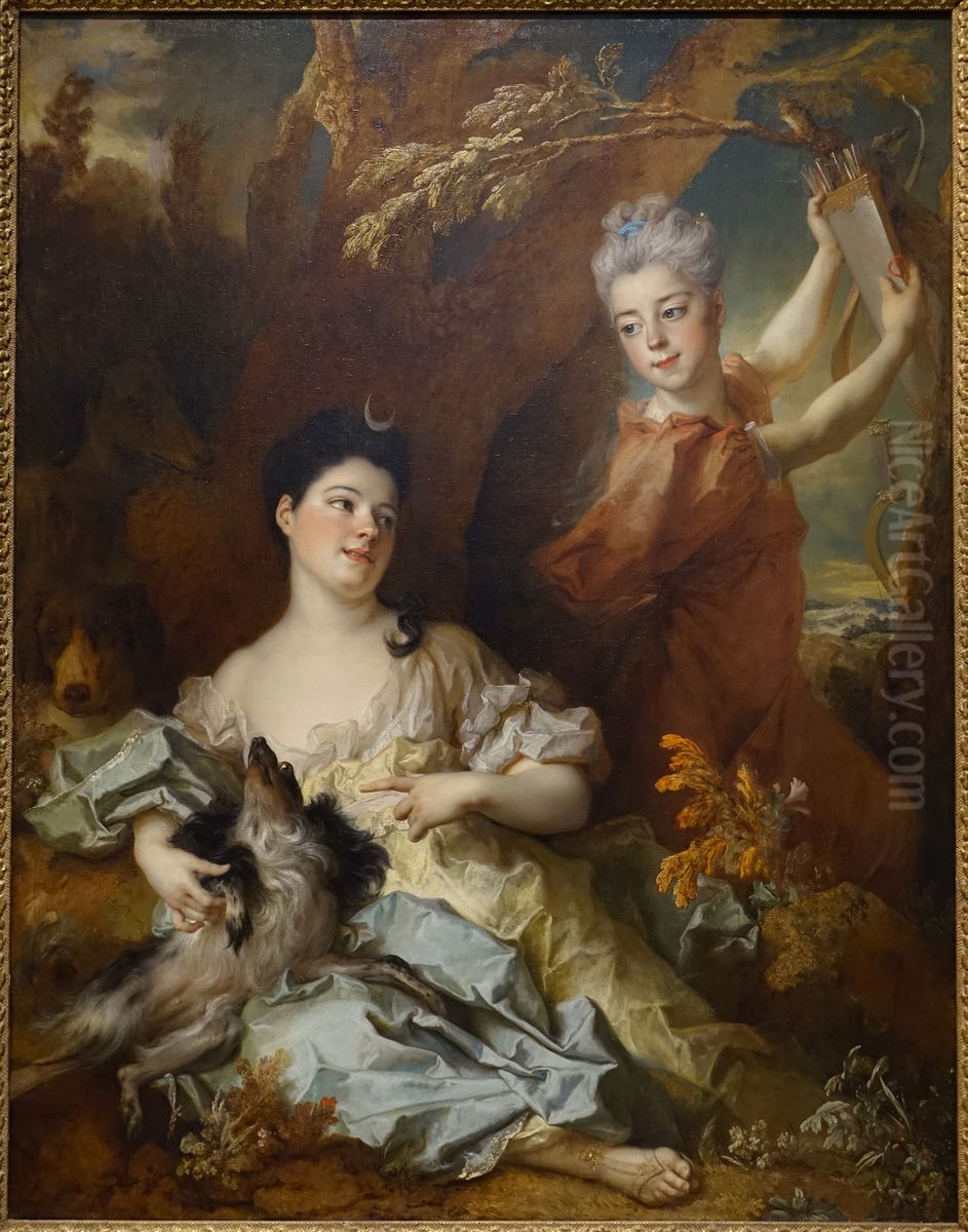 Portrait of the Comtesse de Montsoreau and Her Sister as Diana and an Attendant Oil Painting by Nicolas de Largilliere