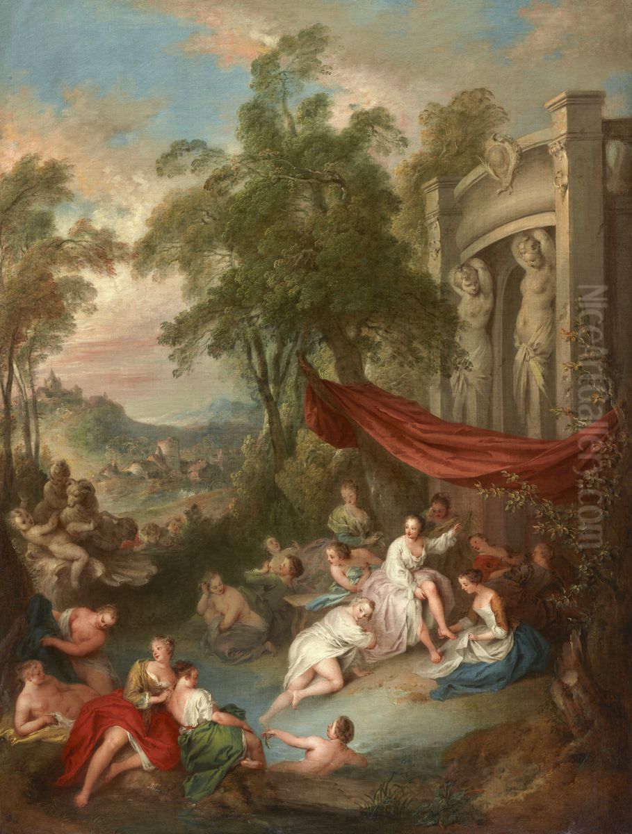 Female Bathers near a Fountain (Nymphs Bathing in a Pool) Oil Painting by Jean-Baptiste Pater