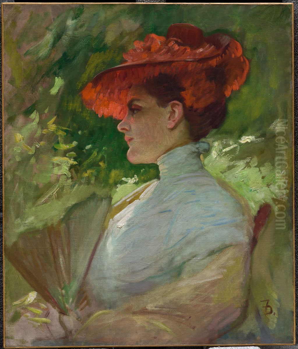 Lady with a Red Hat (Portrait of Maggie Wilson) Oil Painting by Frank Duveneck