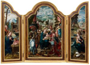 Triptych - central panel - The Adoration of the Magi; wings - The Nativity; and The Rest on the Flight into Egypt