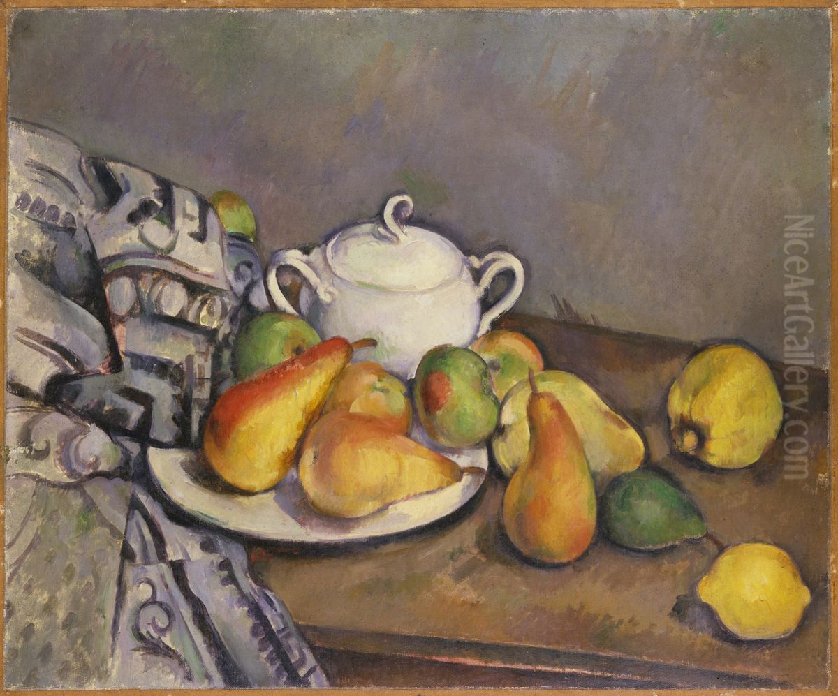 Sugar Bowl, Pears, and Tablecloth Oil Painting by Paul Cezanne
