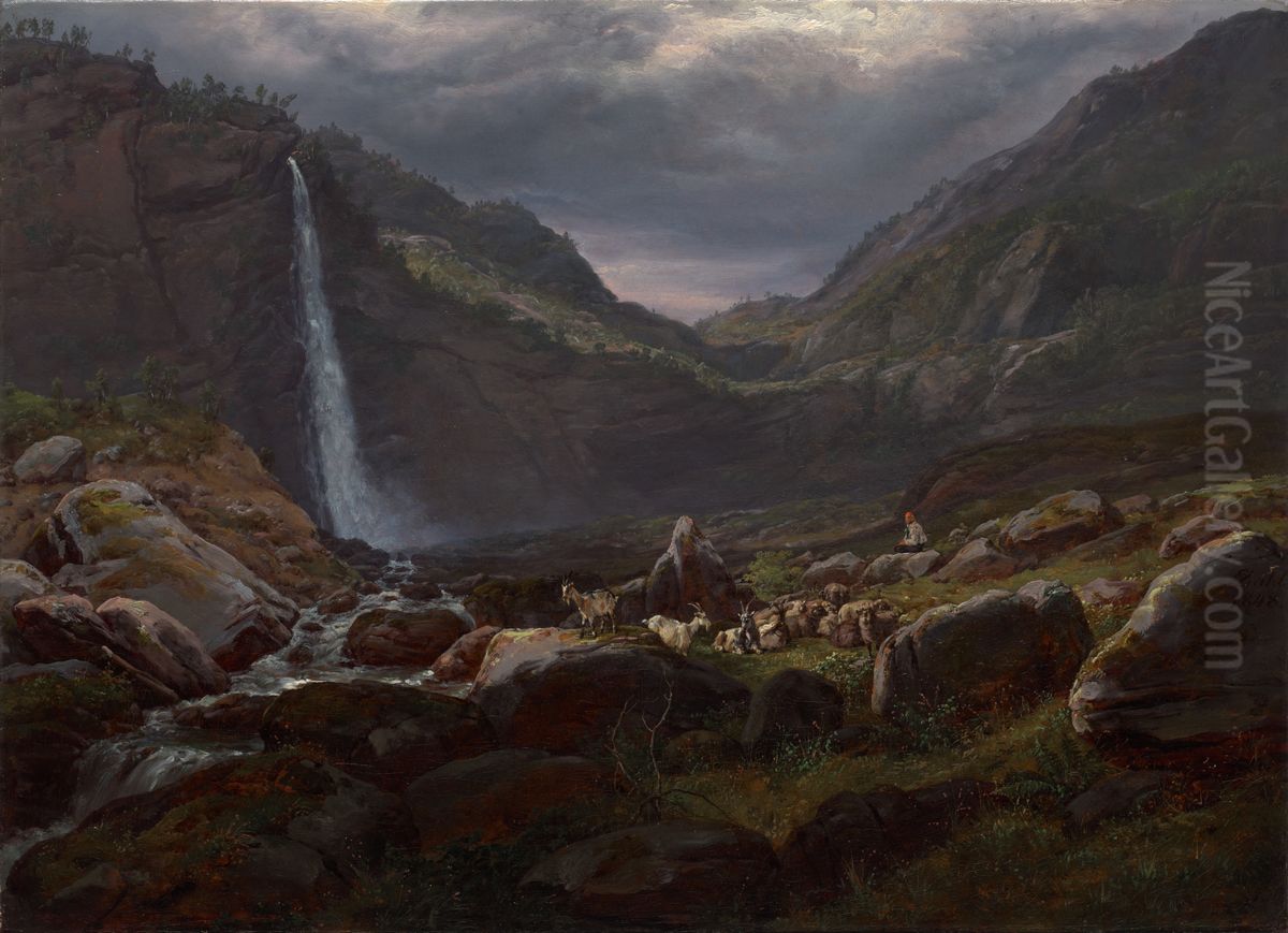Feige Waterfall (Feigefossen), Lysterfjord, Norway Oil Painting by Johan Wilhelm Ludwig Dahl