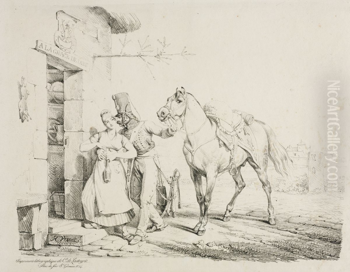 A Hussar Embracing a Servant Oil Painting by Horace Vernet