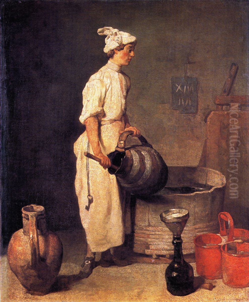 The cellar boy / A cellar boy cleaning a large jug Oil Painting by Jean-Baptiste-Simeon Chardin