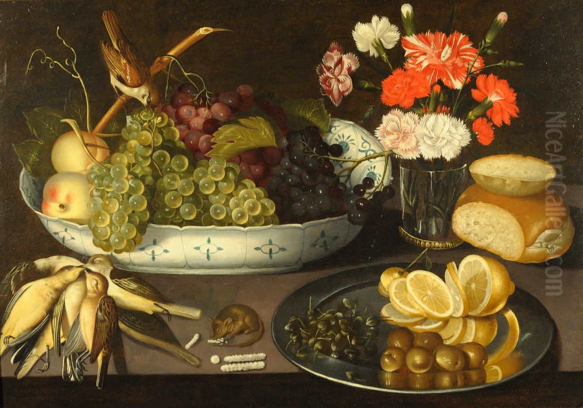 Still Life of Grapes and Peaches on a Porcelain Bowl Oil Painting by Peter Paul Binoit