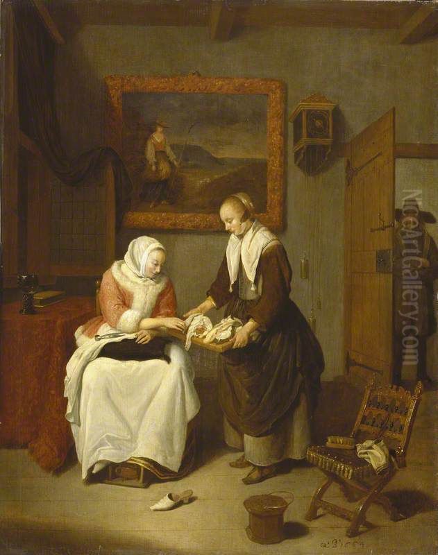 Interior with a maid offering fish to a woman Oil Painting by Quirijn van Brekelenkam