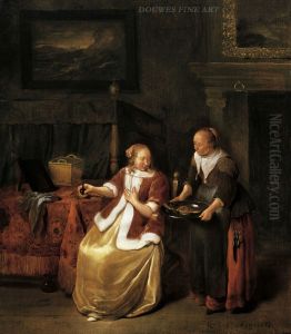 Interior with a young woman and a maidservant holding a plate of fish