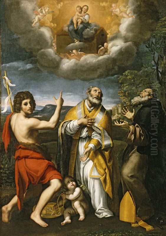 The Madonna of Loreto Appearing to St. John the Baptist, St. Eligius, and St. Anthony Abbot Oil Painting by Domenico Zampieri (Domenichino)