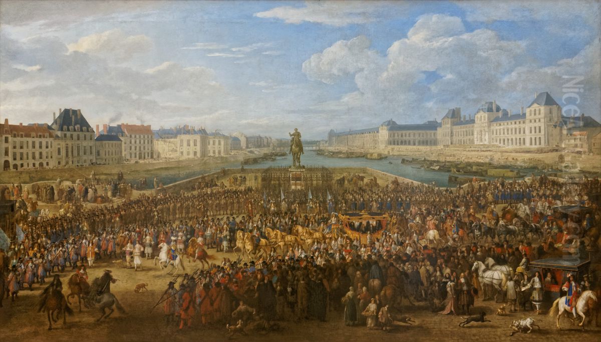 Louis XIV crossing Pont Neuf Oil Painting by Adam Frans van der Meulen