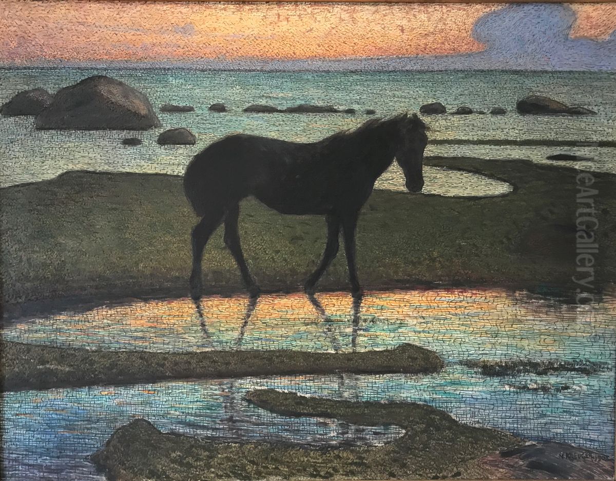 Hast vid strand (Sommarnatt) Oil Painting by Nils Kreuger