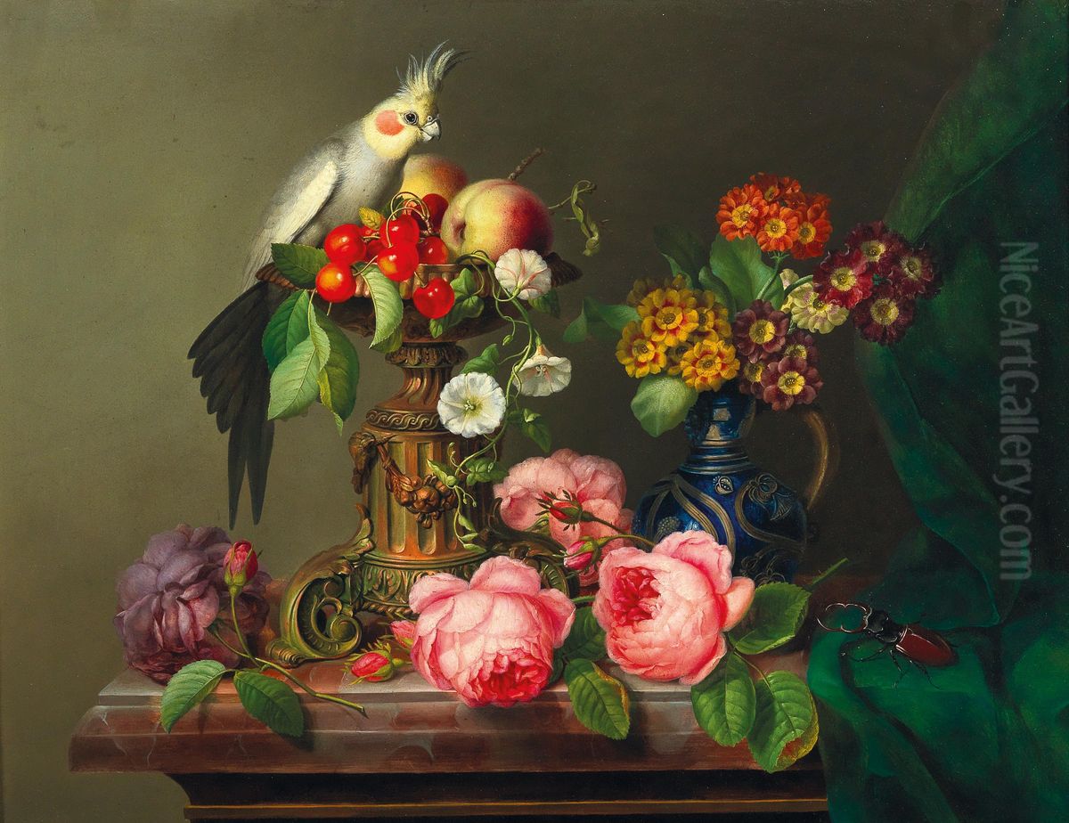 Stillleben mit Rosen, Fruchten, Cockatiel und Hirschkafer Oil Painting by Leopold Brunner
