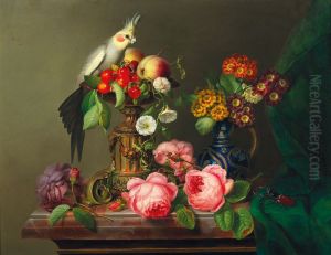 Stillleben mit Rosen, Fruchten, Cockatiel und Hirschkafer