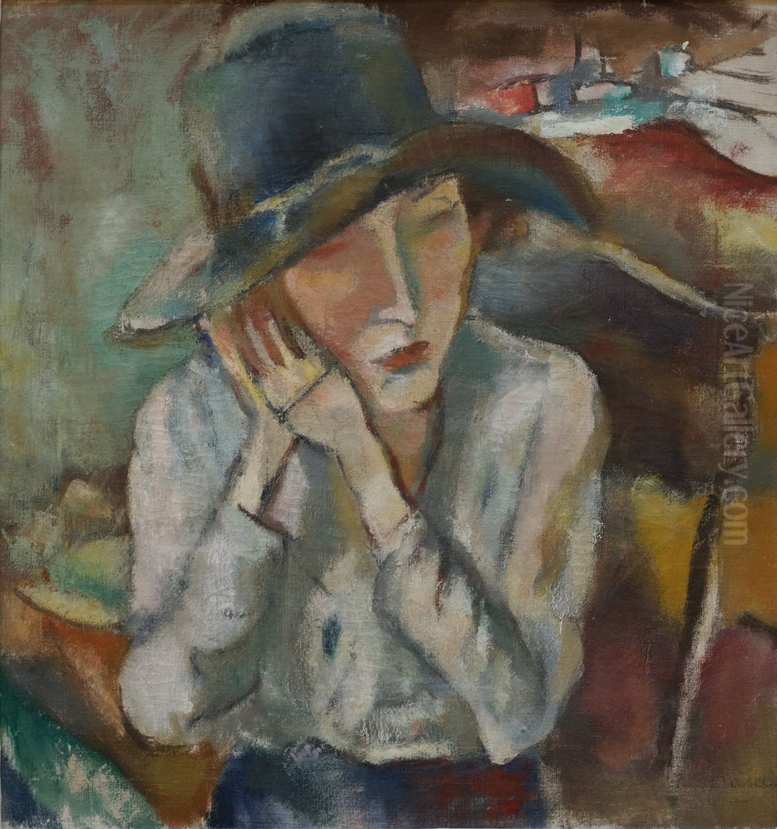 Hermine au grand chapeau Oil Painting by Jules Pascin