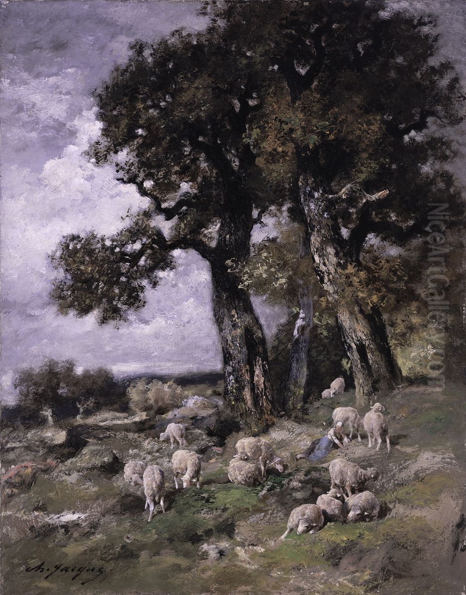 Sheep in the Shelter of the Oaks Oil Painting by Charles Jacque